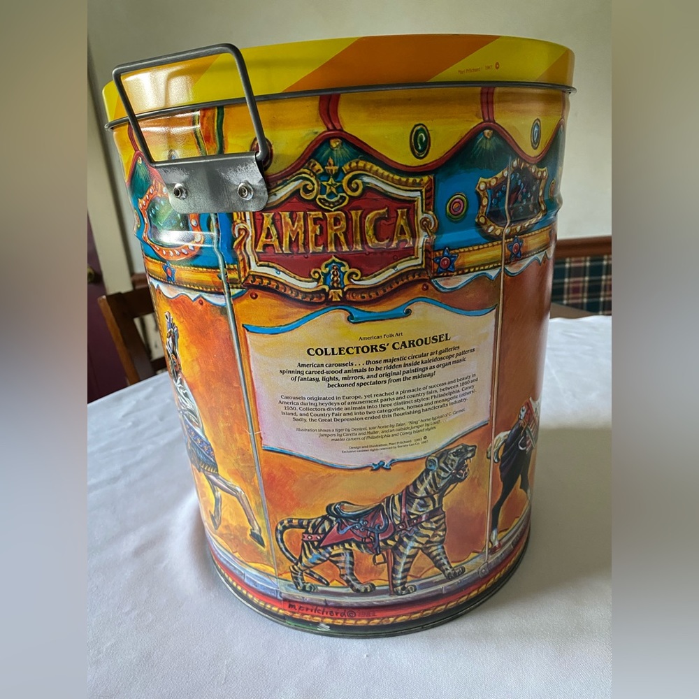 Gorgeous RARE Vintage Mari Pritchard Collector’s Carousel Bertel’s Can Co Tin - Picture 2 of 12